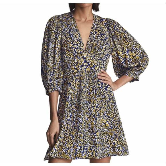 REISS Floral Mini A Line Dress With Daisy Puff Sleeve In Yellow & Blue Size 2 - Picture 1 of 11